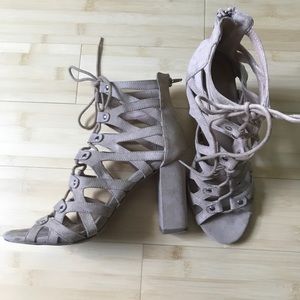 Nude Lace-Up Chunky Heels